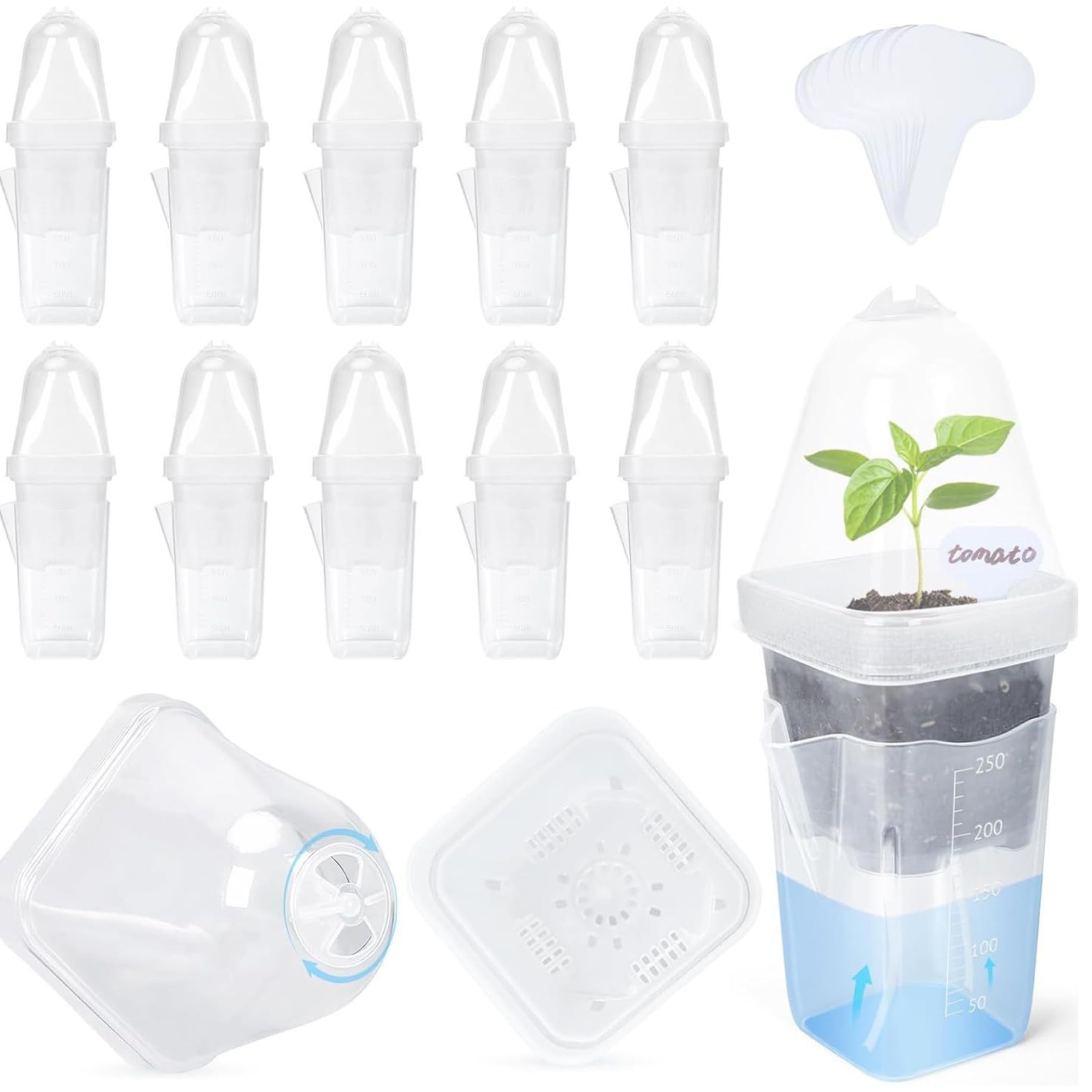 BeVistoso 12 Pack Self Watering Pots Automatic Plant Watering System for Seedlings Succulents Cuttings, with Humidity Domes Wicks Small Nursery Pots Drainage