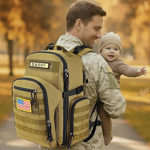 Miniatura 3 de SHARKMOUTH Mochila para pañales para papá, mochilas militares para bebé, con parches para papá, color marrón