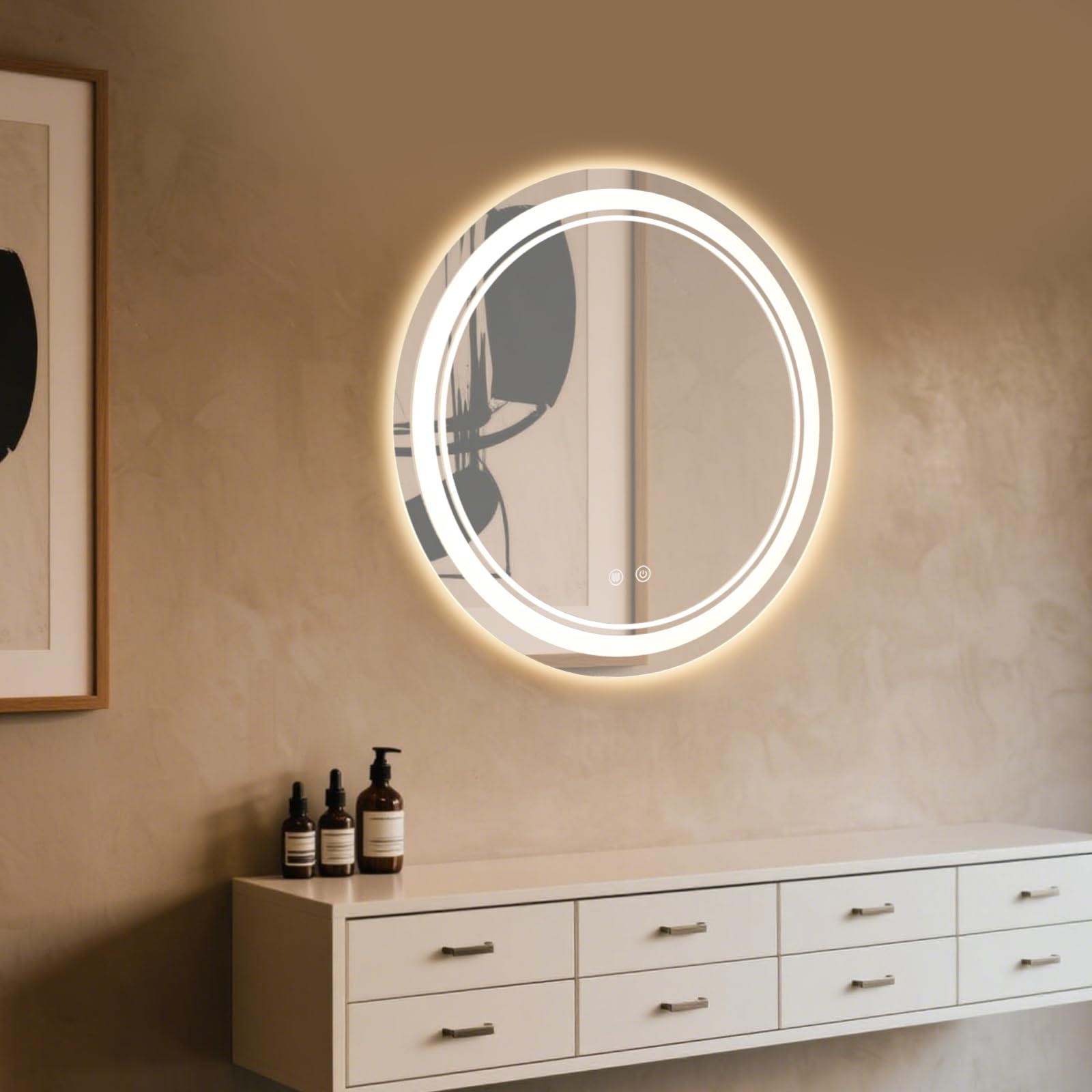 50 cm Runder Dimmbar LED Spiegel Bad mit Beleuchtung mit Memory und Antibeschlagfunktion, Touch-Schalter, 3 Lichtfarben einstellbar (3000K–6000K), Badezimmerspiegel für Make-up und Rasur
