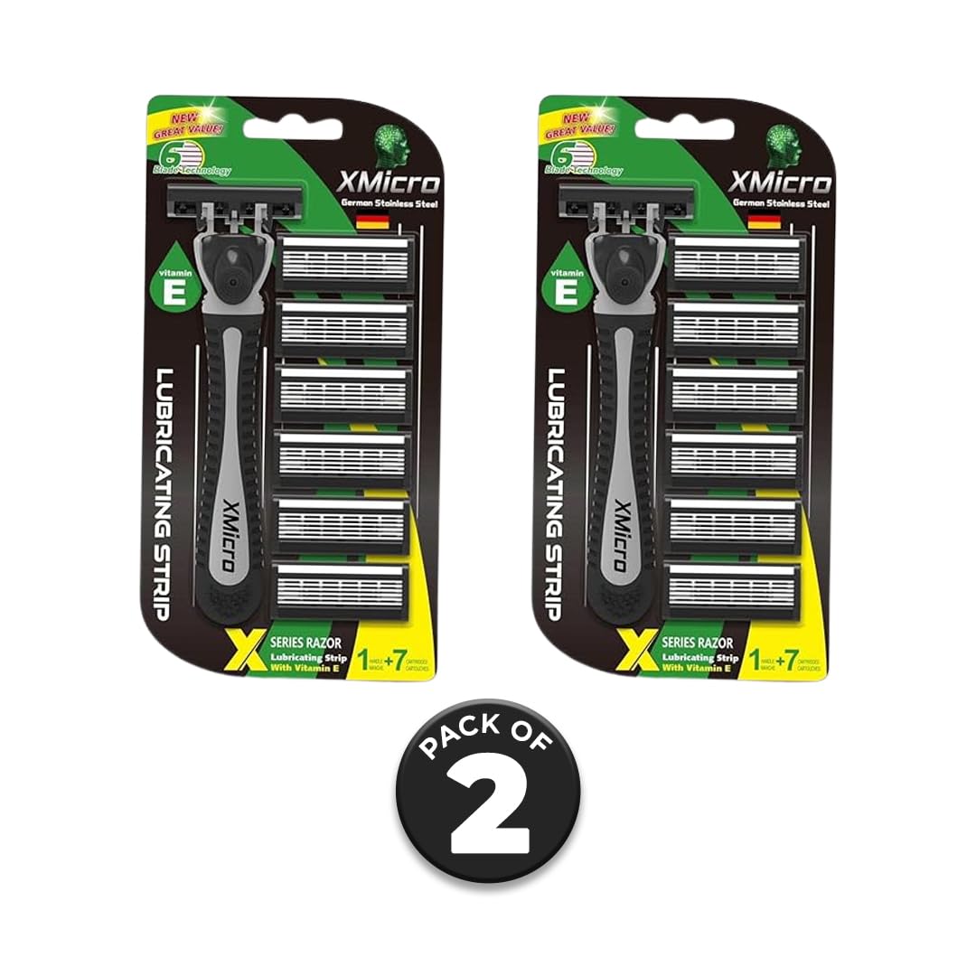 XMicro Razors for Men, 1 Razor, 7 Blade Refills with German Stainless Steel, Lubricated with Vitamin E, Aloe for Smooth Shave, Shields Against Irritation (Pack of 2) | 14 Blade Included