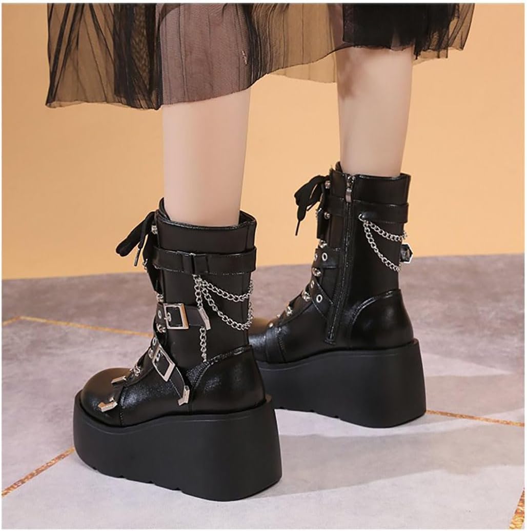 Ulalaza Women's Goth Platform Ankle Boots with Bat Wing Buckles Chunky Block Heels Round Toe Zipper Punk Motorcycle Combat Boots Comfy Short Gothic Booties