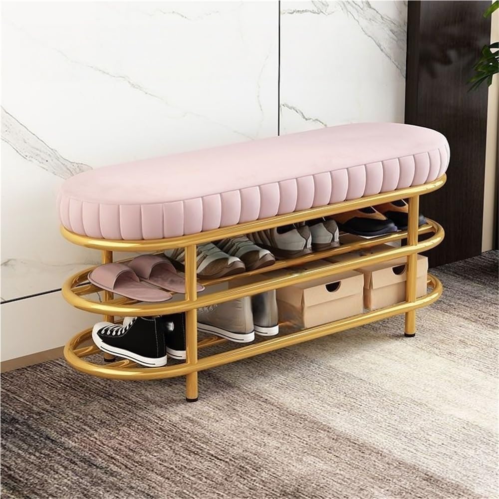Rangement intégré pour chambre et entrée : banc à chaussures moderne 2 niveaux en velours rose