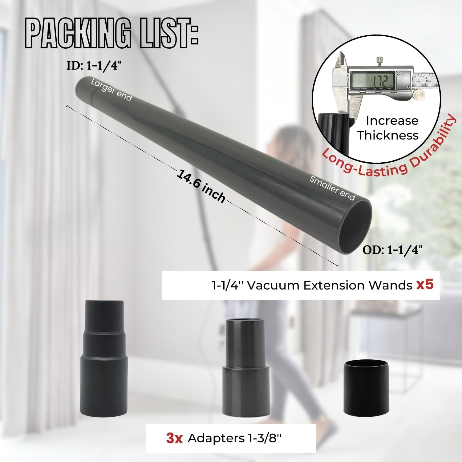 5Pack 1.25 Inch Vacuum Extension Wands plus 1-3/8'' to 1-1/4'' Vacuum Hose Adapter - 1.25 Inch Shop Vac Extension Tubes, Accessories and Attachment 32mm & 35mm, Replacement Vacuum Cleaner Pipe Tubes
