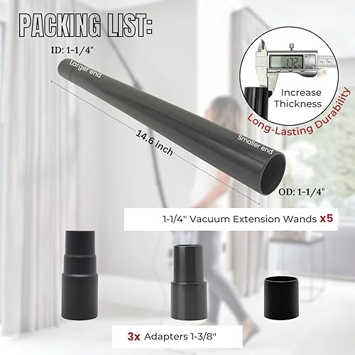 Miniatura 2 de Paquete de 5 varitas de extensión de vacío de 1.25 pulgadas más adaptador de manguera de vacío de 1-38 pulgadas a 1-14 pulgadas, tubos de extensión