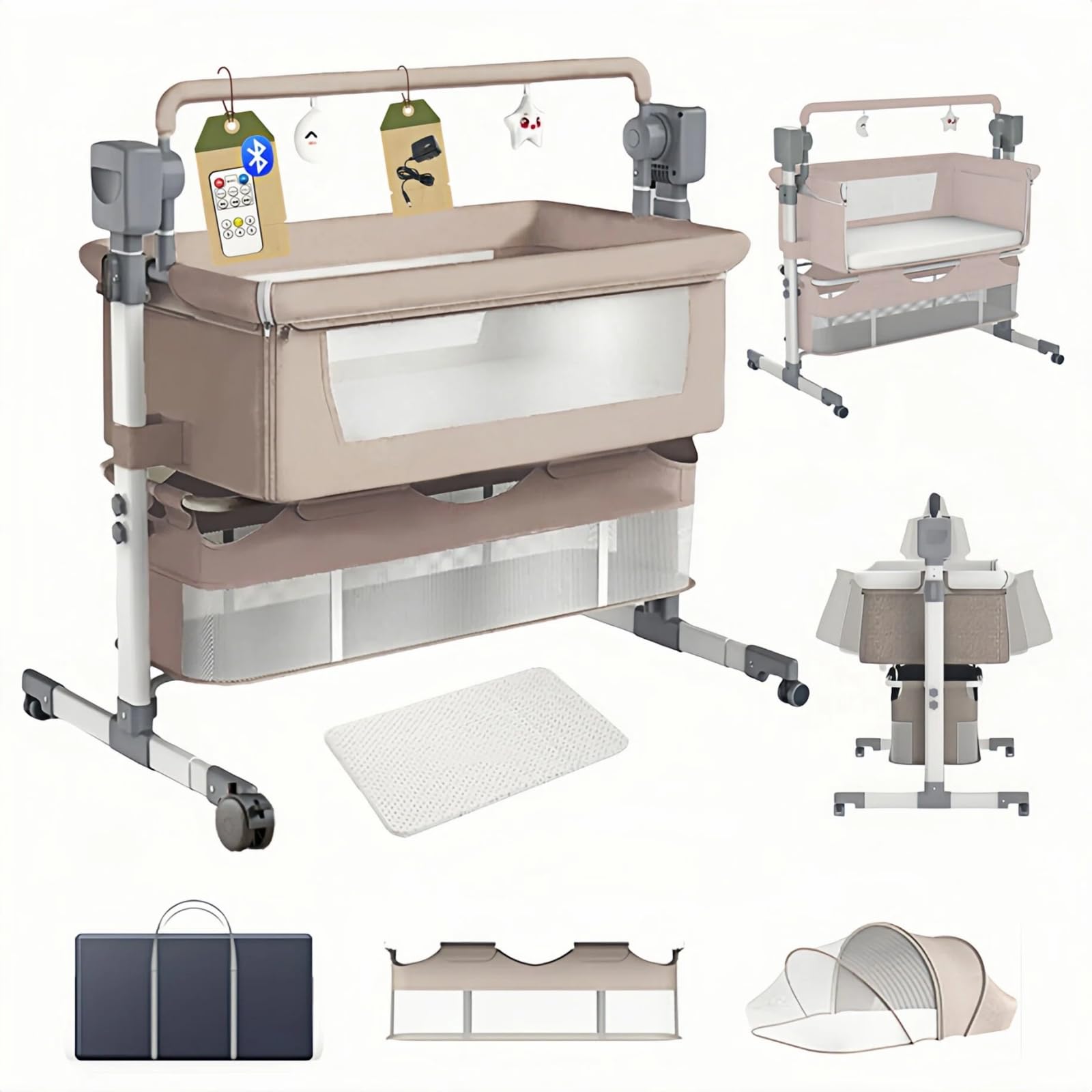 Berceau électrique Bluetooth pour cododo pour bébé, berceau de chevet convertible, berceau portable pliable pour nouveau-né avec matelas et haut-parleur de musique Bluetooth (électrique-beige