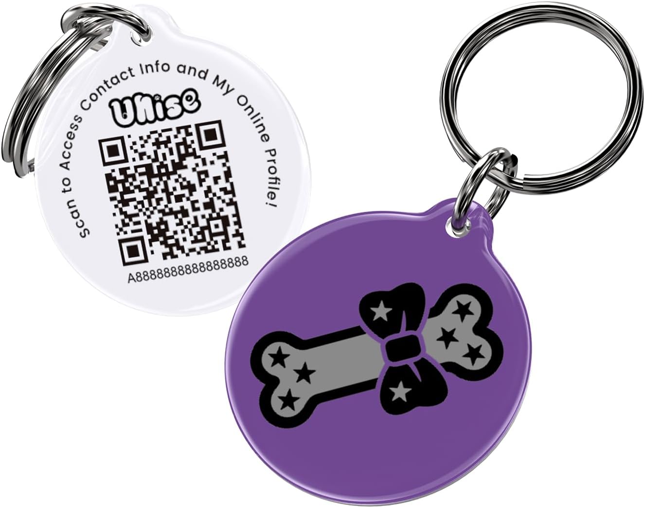Smart QR Code Pet ID Tag, with Online Profile and Personalized Dog Tag, No Subscription Required, Scan to View Location and Pet Information, Purple Tag with Lavender & Black Bowtie Bone, C28