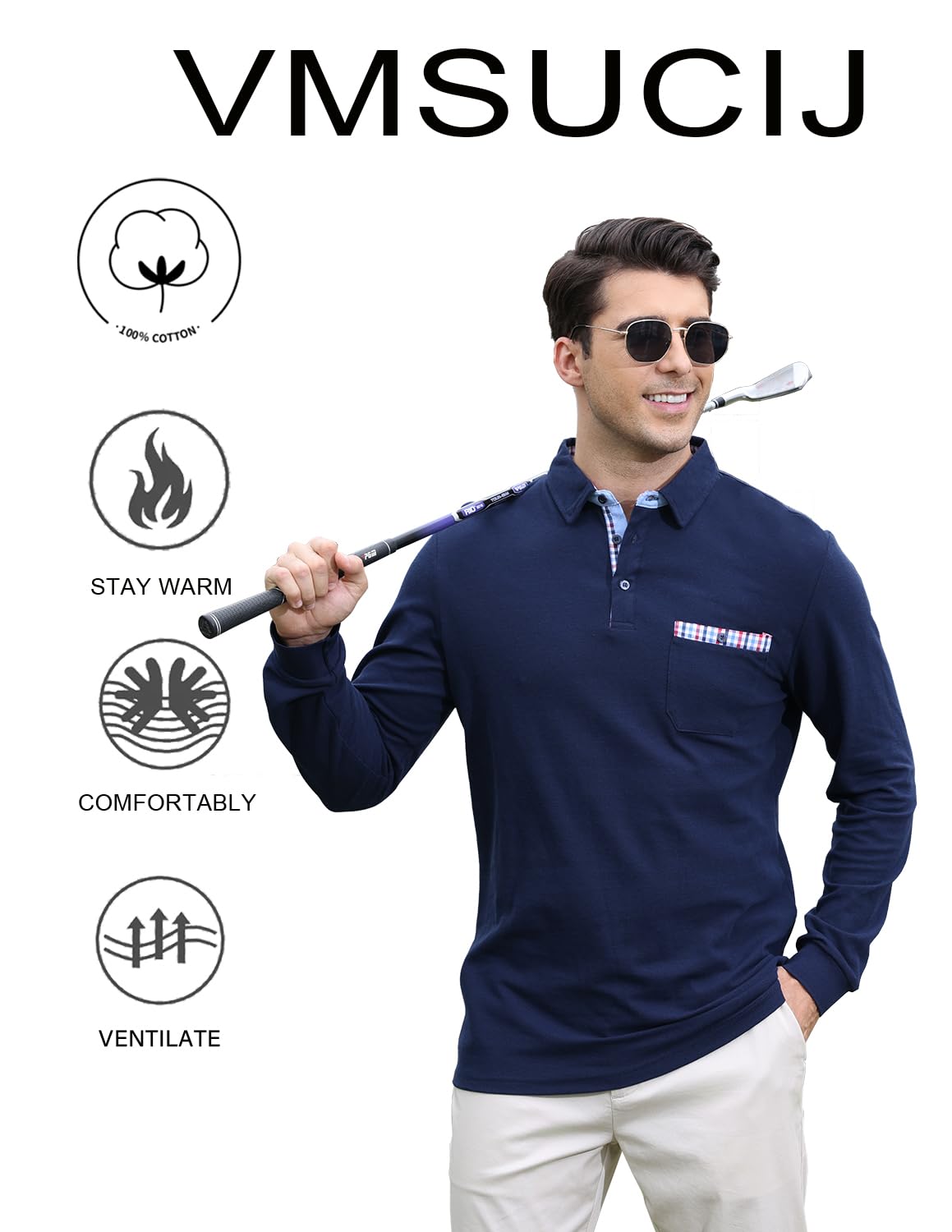 VMSUCIJ Polo Uomo Manica Lunga Cotone con Colletto Bottoni Sportive Base Polo Golf