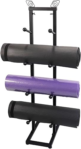 Soporte de exhibición de tapete de yoga resistente, 4 niveles, organizador de almacenamiento de accesorios deportivos estables, color negro, correa