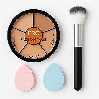 6 in 1 Pro Concealer &amp; Face Contour Palette with Black Brush &amp; 2 Finger Puffs – Full Coverage Cream Color Corrector Kit fo...