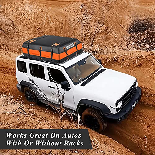 Rooftop Cargo Carrier Bag - 21 Cubic Feet PEORSEFI Waterproof Car Roof Bag for Cars with Racks or Without Racks Includes 6 Door Hooks, Roof Protective Mat, Storage Bag (21 Cubic Feet, Black-Orange)