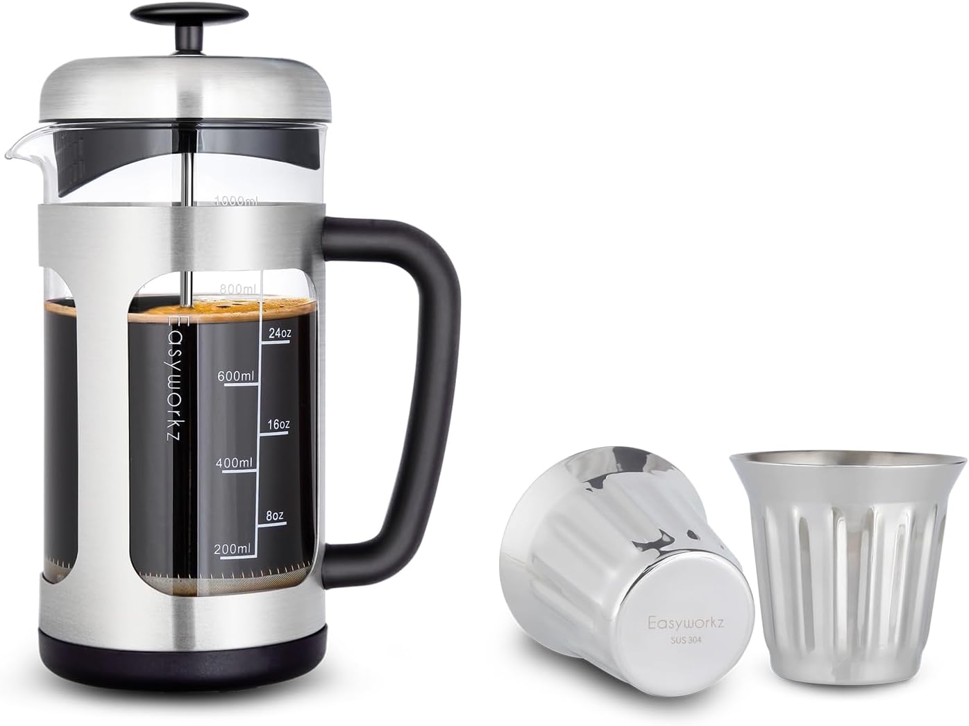 Easyworkz Stainless Steel French Press 34 oz, Bundled Stainless Steel Double-Wall Espresso Cups 5 oz Set of 2, Vertical Stripe Design, Chrome