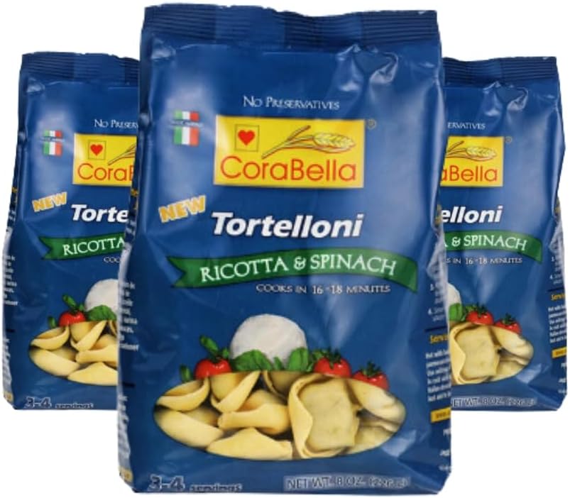 - Corabella Ricotta & Spinach Fresh Pure Cheese Tortellini Pasta with Eggs, Gouda, Mozzarella Cheese, Sunflower Oil. Convenient Pack of 3 (8.8 Oz Each)