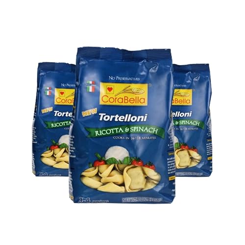 Corabella Pasta Tortellini de queso puro fresco de ricotta y espinacas con huevos, gouda, queso mozzarella, aceite de girasol. Práctico paquete de 3