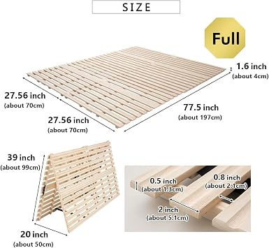 EMOOR Wooden Half Fold Type Slatted Bed Full 55×78 Inch Japanese Laying Futon FRANCO-TOWER Unpainted Paulownia Floor Bedding Guest Minimalist Tatami Natural