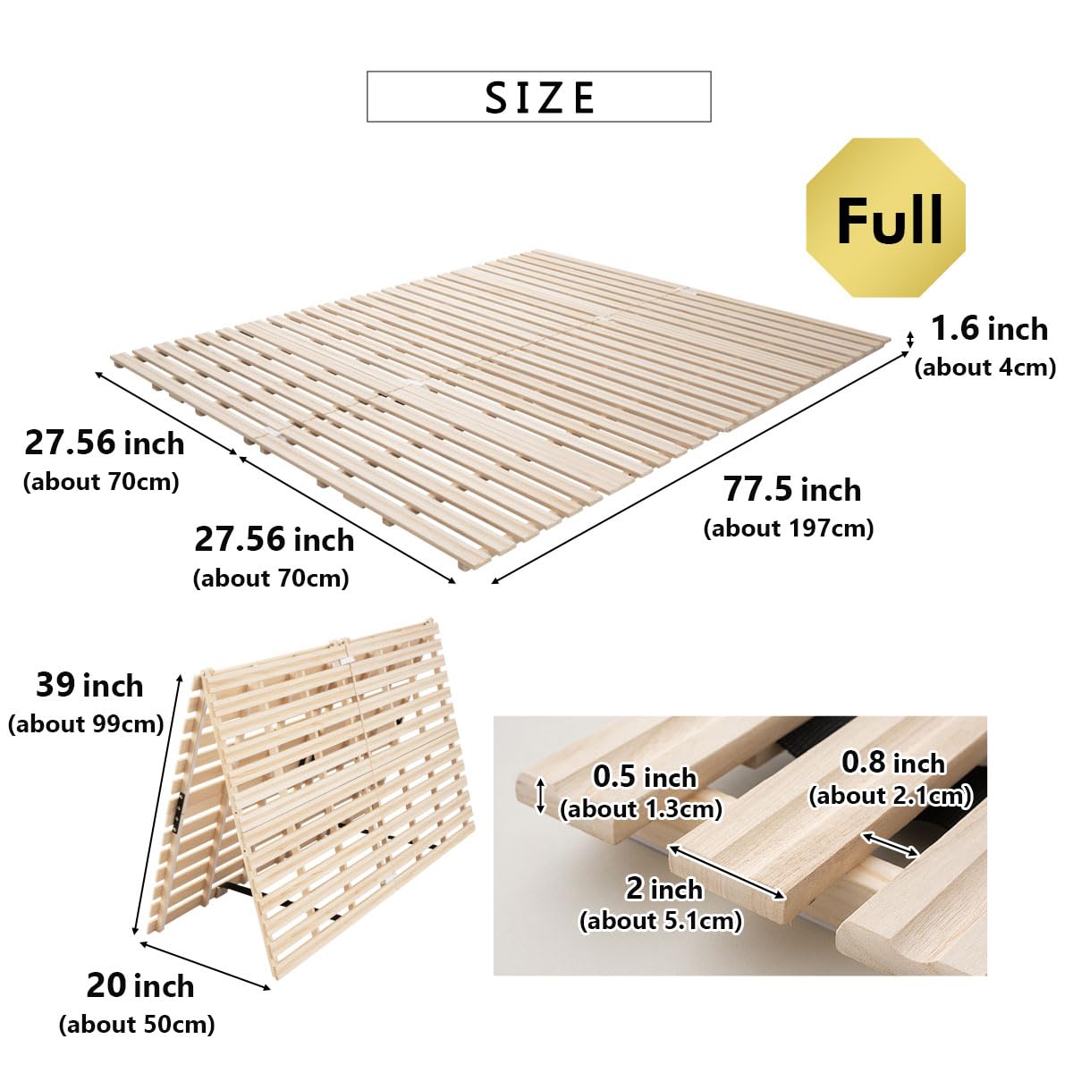 EMOOR Letto a Doghe Pieghevole in Legno FRANCO-TOWER 140 x 200 cm per Materasso Futon Giapponese (Naturale), Paulownia Non-Verniciato Letto da Pavimento Tatami Minimalista