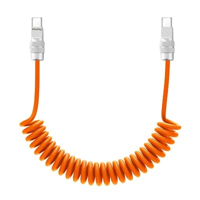 chubbycable Curly Chubby 240W Coiled USB C Fast Charging Cable Durable Braided Retractable Charger Cord for Car Compatible with iPhone 17-15 Series iPad, Orange, Type-C to Type-C, 6FT