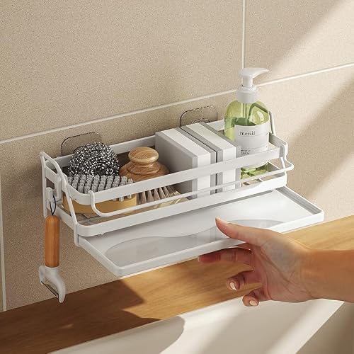 Solerconm Kitchen Sink Caddy Sponge Holder Organizer, Sink Tray Drainer Rack, Soap Dish Dispenser Brush Holder Storage Kitchen Accessories (White)