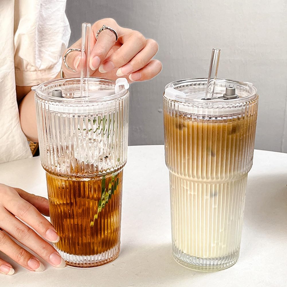 TUZAZO 20 Oz Glass Tumblers with Lids and Straws - 4 Pack Ribbed Glass Iced Coffee Cup with Straw and Lid, Thicken Glasses, Ideal for Smoothieds, Cocktails, and Juices - Image 7