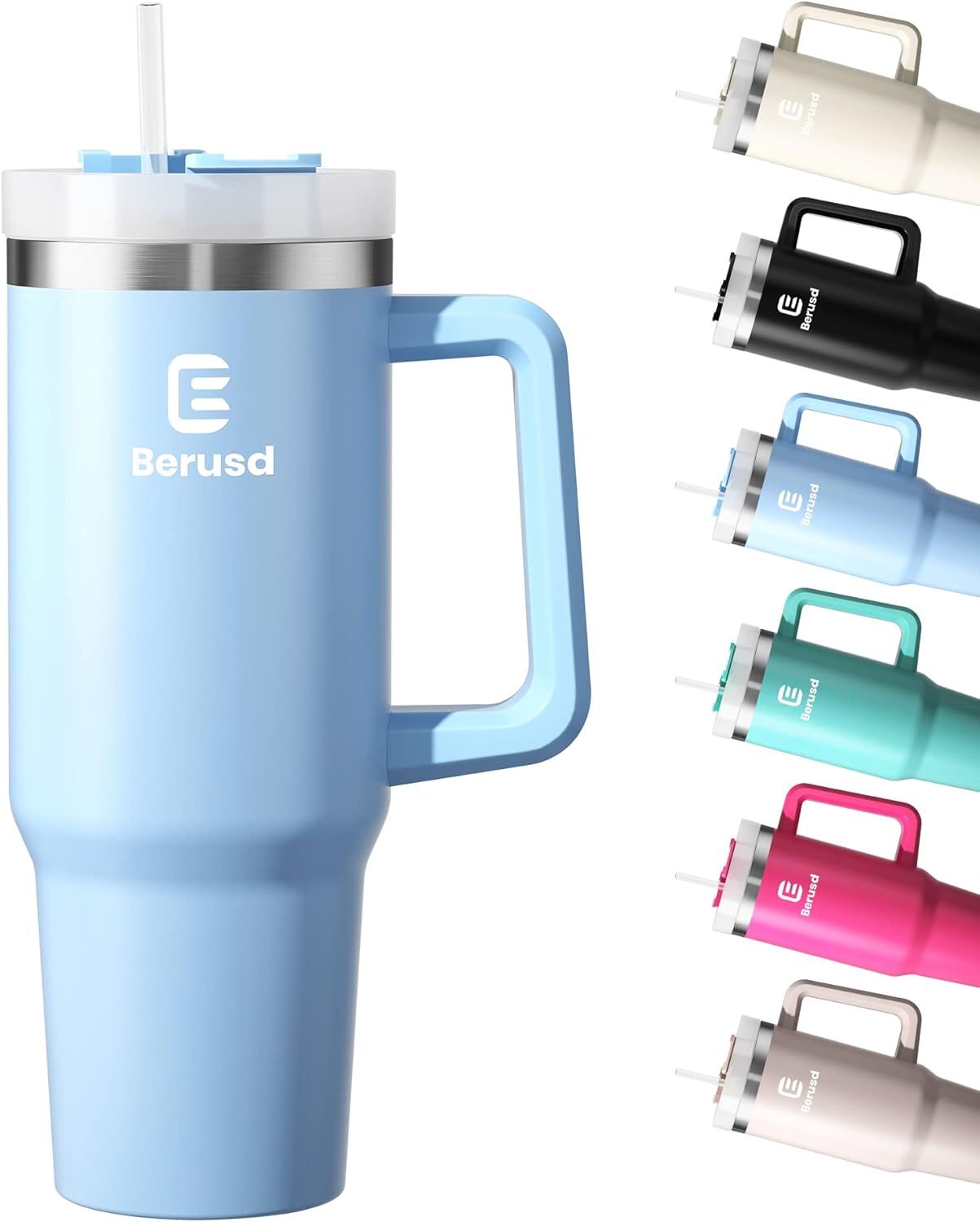 Berusd 40 oz Insulated Tumbler with Handle and Straw Lid, Double Wall