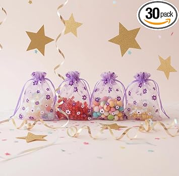 3.5 x 5 inches 30 piece floral organza bag, purple transparent small flower drawstring bag, suitable for holiday parties, weddings, candy and jewelry packaging