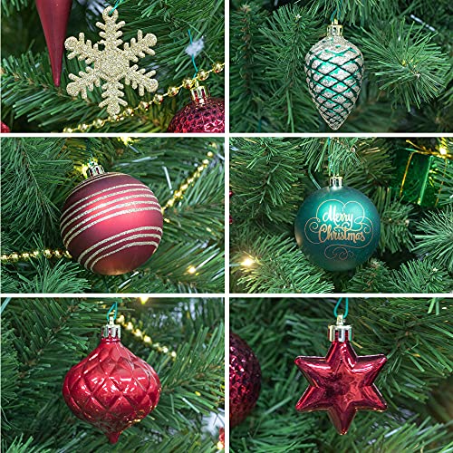 Itart 129Ct Christmas Tree Ornaments Decorations Assortment Including Tree Topper Balls Snowflakes Stars Pine Cones Miniature Gift Boxes Poinsettia Beads Garlands Finial (Red, Gold And Green) #TOP5