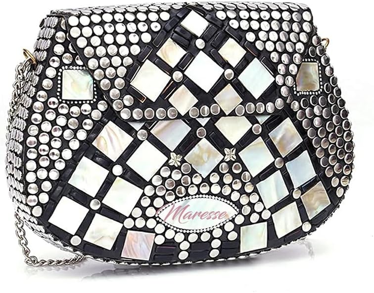 Maresse Bridal Women's Antique Brass Purse Ethnic Handmade Metal Clutch Bag (Color: Silver) (Block)