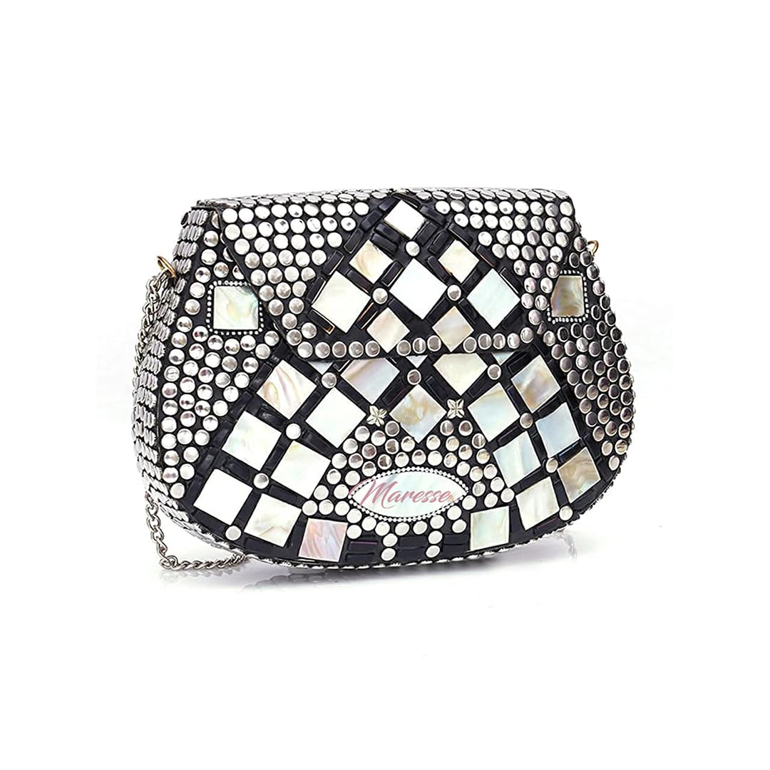 Maresse Bridal Women's Antique Brass Purse Ethnic Handmade Metal Clutch Bag (Color: Silver) (Block)