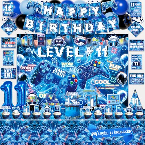Mpanwen Gamer 11th Birthday Decorations for Boys, Blue Video Game Level 11 Bday Party Decor Supplies for 11 Years Old Boy with Backdrop, Tablecloth, Centerpiece, Hanging Swirls, Hat, Wall Signs by Mpanwen - Used condition - US$12.62