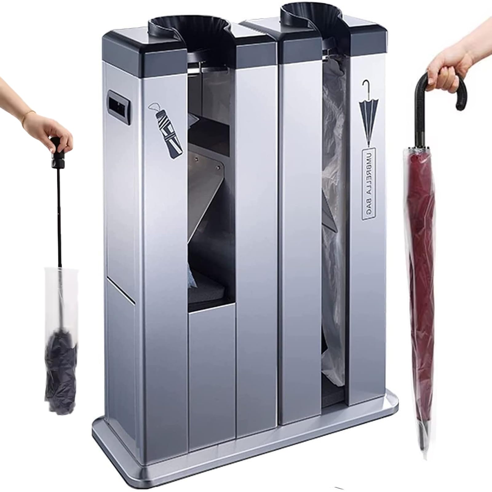 Automatic Wet Umbrella Bag Wrapper, Commercial Double Wet Umbrella Packing Machine, Coating Wet Umbrella Bag Dispenser with 200 Bags & Wheels, Wet Umbrella Wrapper Storage Stand for Hotel, Office(Silv