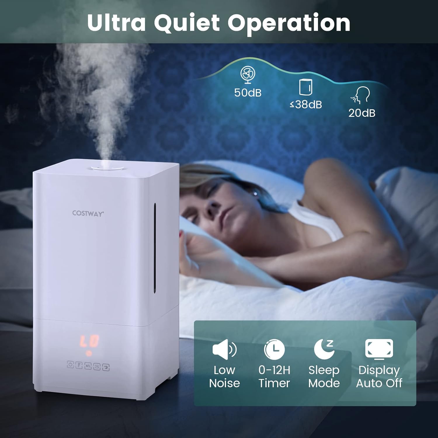 Humidifier operating quietly in a bedroom