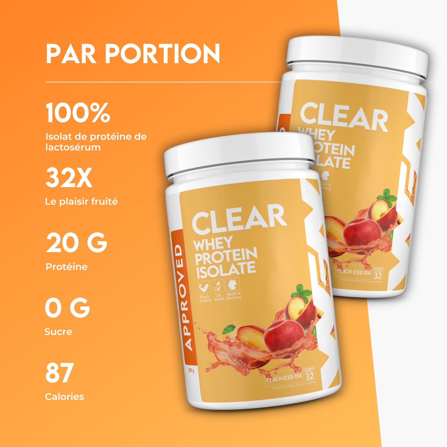 WFN Approved Clear Whey Protein Isolate – Thé glacé à la pêche – 800 g – Shake protéiné fruité – Fabriqué et testé en laboratoire en Allemagne