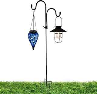 Double Shepherds Hook for Outdoor, 62 Inch Bird Feeder Pole with 5 Prongs Base, 5/8 Inch Thick Heavy Duty Adjustable Garden Hook for Hanging Solar Lights, Lantern, Hummingbird Feeder, 1 Pack