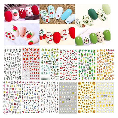 Nail Stickers, Ztent Mixed Nail Art Stickers 3D Self-Adhesive Summer Stickers Fruit Flower Plant for Women Girls Kids Manicure DIY or Nail Salon, 12 Sheets(More than 1000 Pcs)