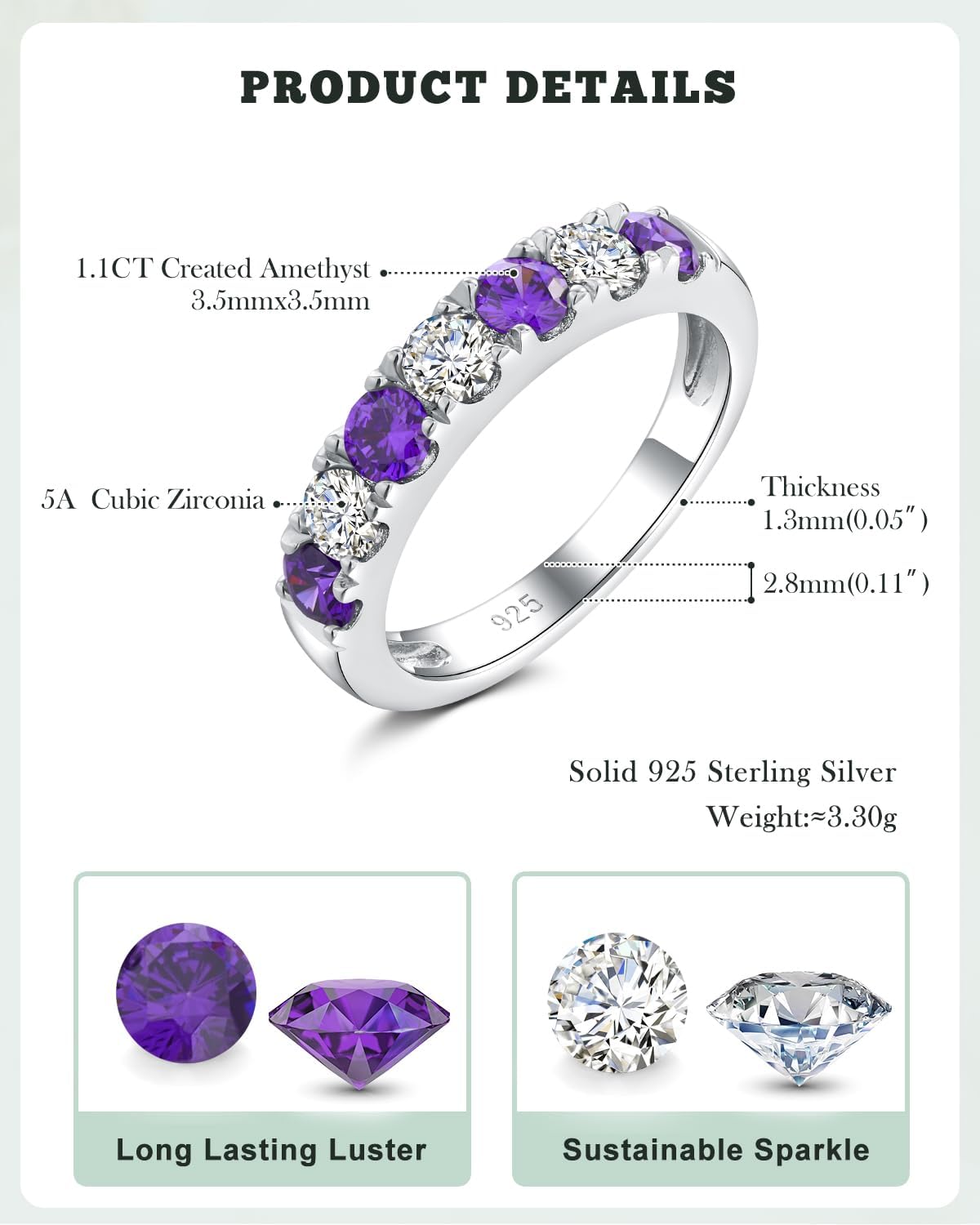 Dainty Stackable Rings for Women 3.5mm Wide S925 Sterling Silver Created Birthstone Band Ring Wedding Anniversary Birthday Jewelry(with Box) - Image 5