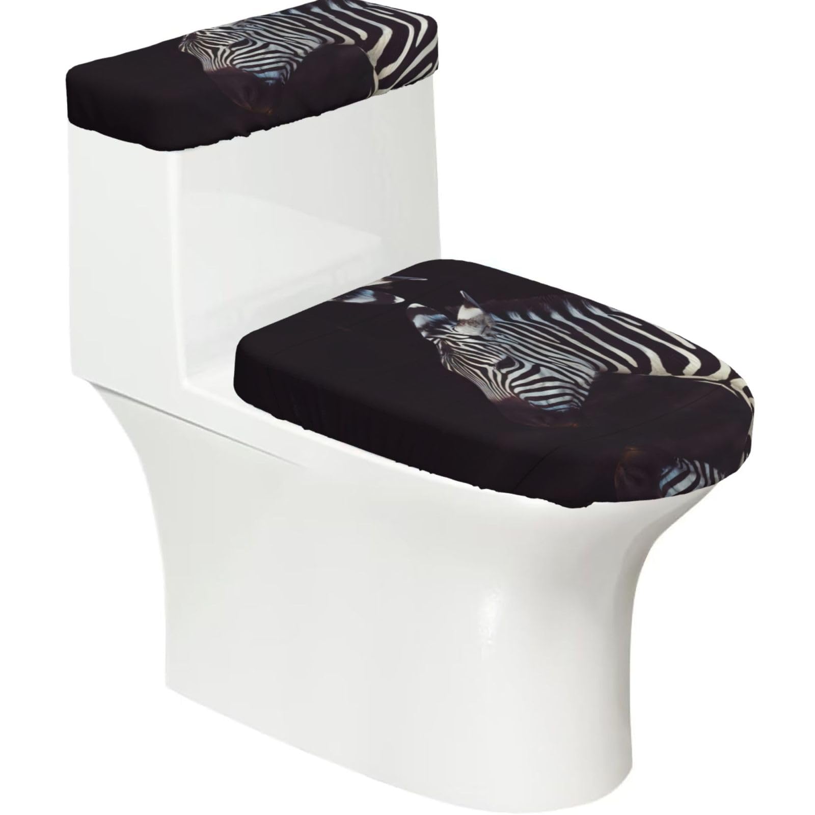 Animal Zebra 2-Piece Toilet Seat Cover Set with Tank Lid - Elastic for U-Shape & Elongated - Bathroom Decor