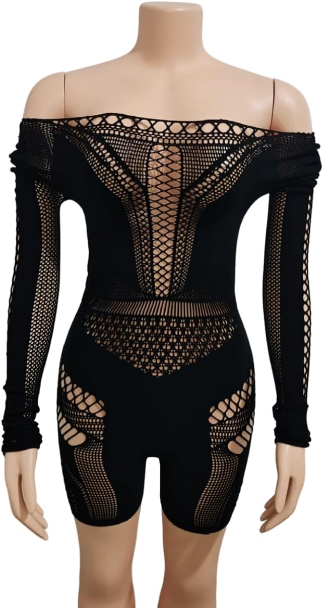 Women's Sexy Long Sleeve See Through Hollow Out Sheer Ultra Stretchy Mesh Bodysuit - Image 5