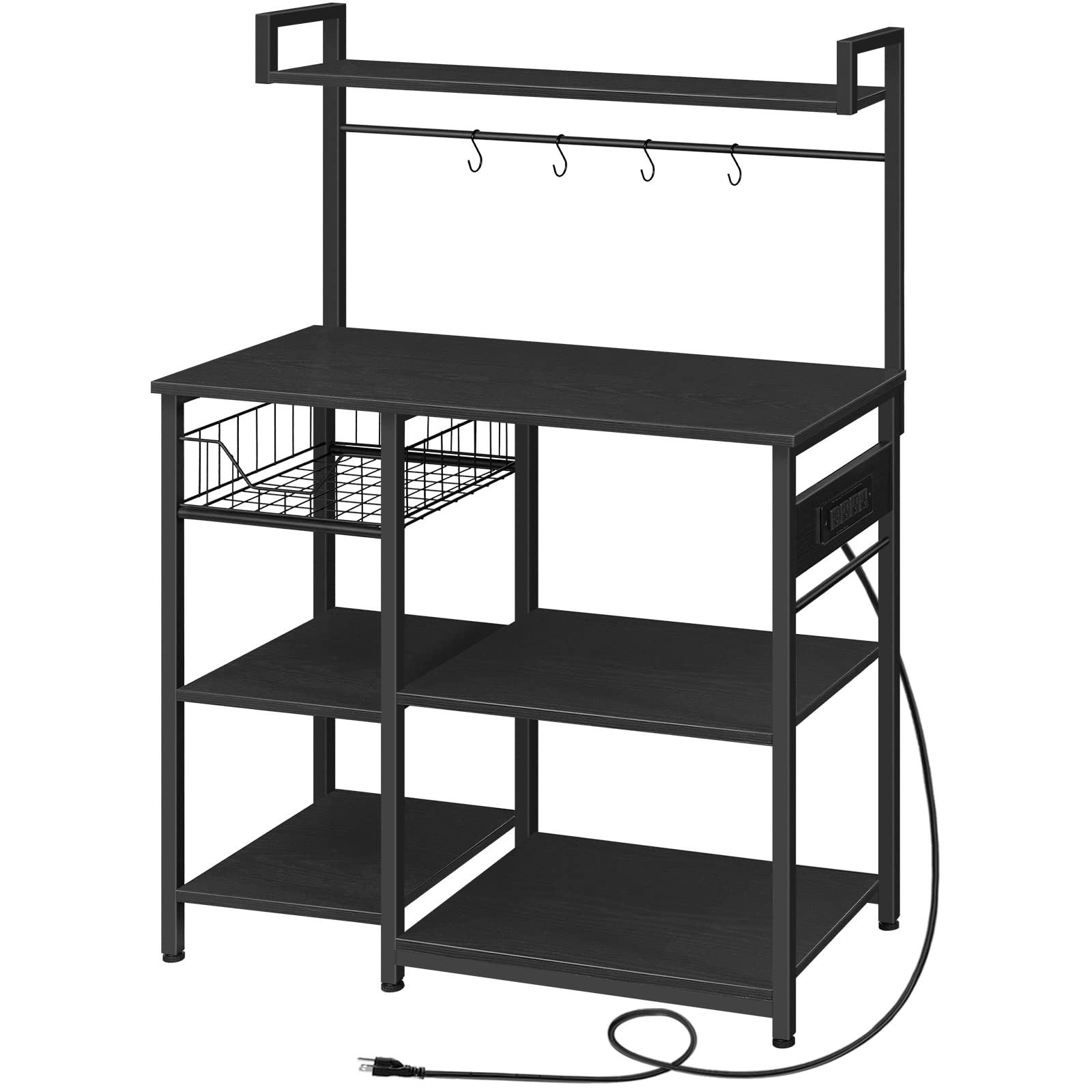 Photo 1 of HOOBRO Bakers Rack with Power Outlet, Microwave Stand with Mesh Basket, Coffee Station with 4 S-Shaped Hooks, Kitchen Shelf, for Kitchen, Living Room, Coffee Bar Station, Black BB05HB01 Black Steel + Particleboard