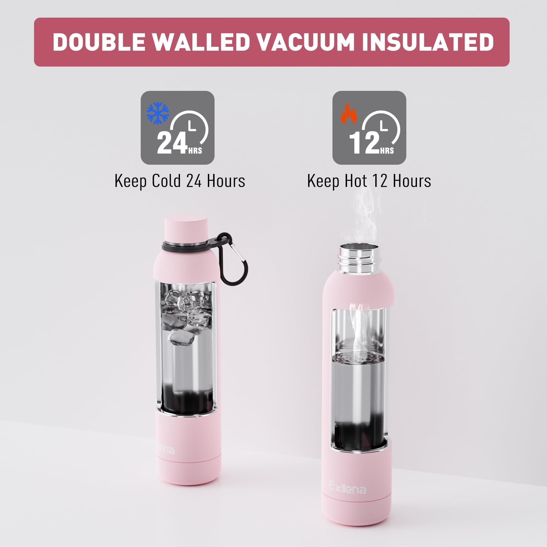 Exllena Insulated Water Bottles 750ml with Clip, Double Wall Vacuum Drinks Bottle Keeps Drinks Cold 24 Hrs/Hot 12 Hrs - Image 3