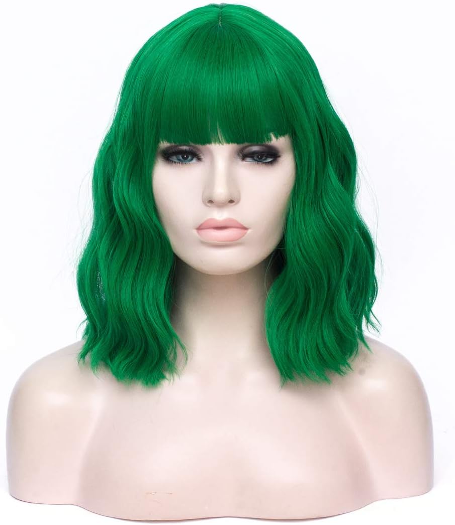 14 inch Fashion Big Wave Curly Bob Short Synthetic Wig Suitable for Women Cosplay Fancy Dress Wig with Free Wig Cap (Green)
