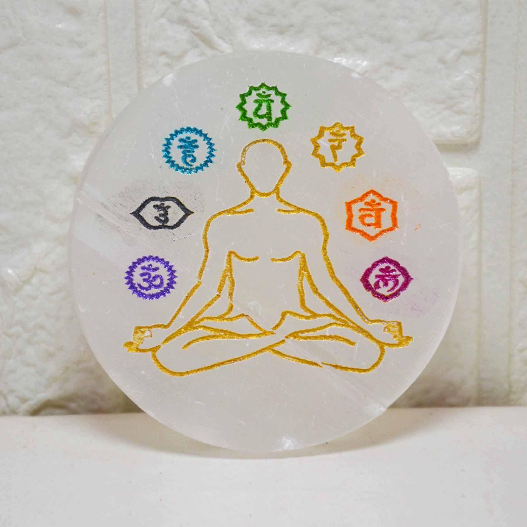 SHIVAM AGATE 7 Chakra Round Natural Engraved Selenite Crystal Charging Plate 3 Inch with Hand Carving Symbols for Charging Cleansing Recharge Crystals Gems Stone Healing Meditation White