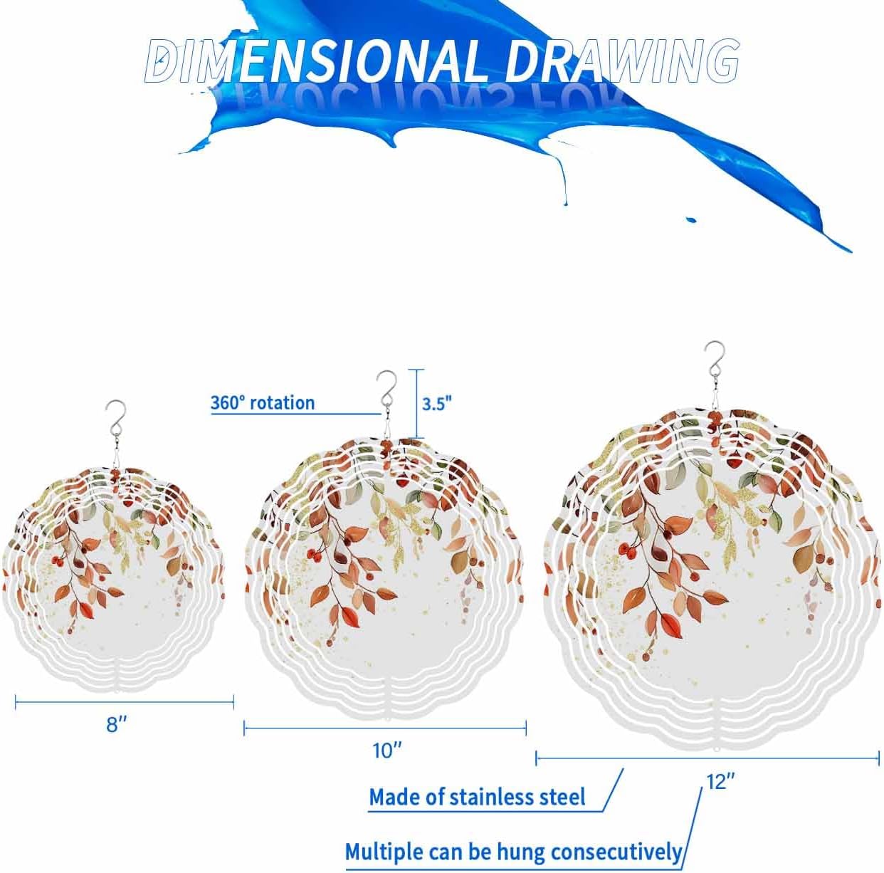Fall Wind Spinners, Vintage Leaves Red Berry Hanging Wind Spinners for Yard and Garden 3D Stainless Steel Metal Sculptures Crafts Ornaments 12 Inch