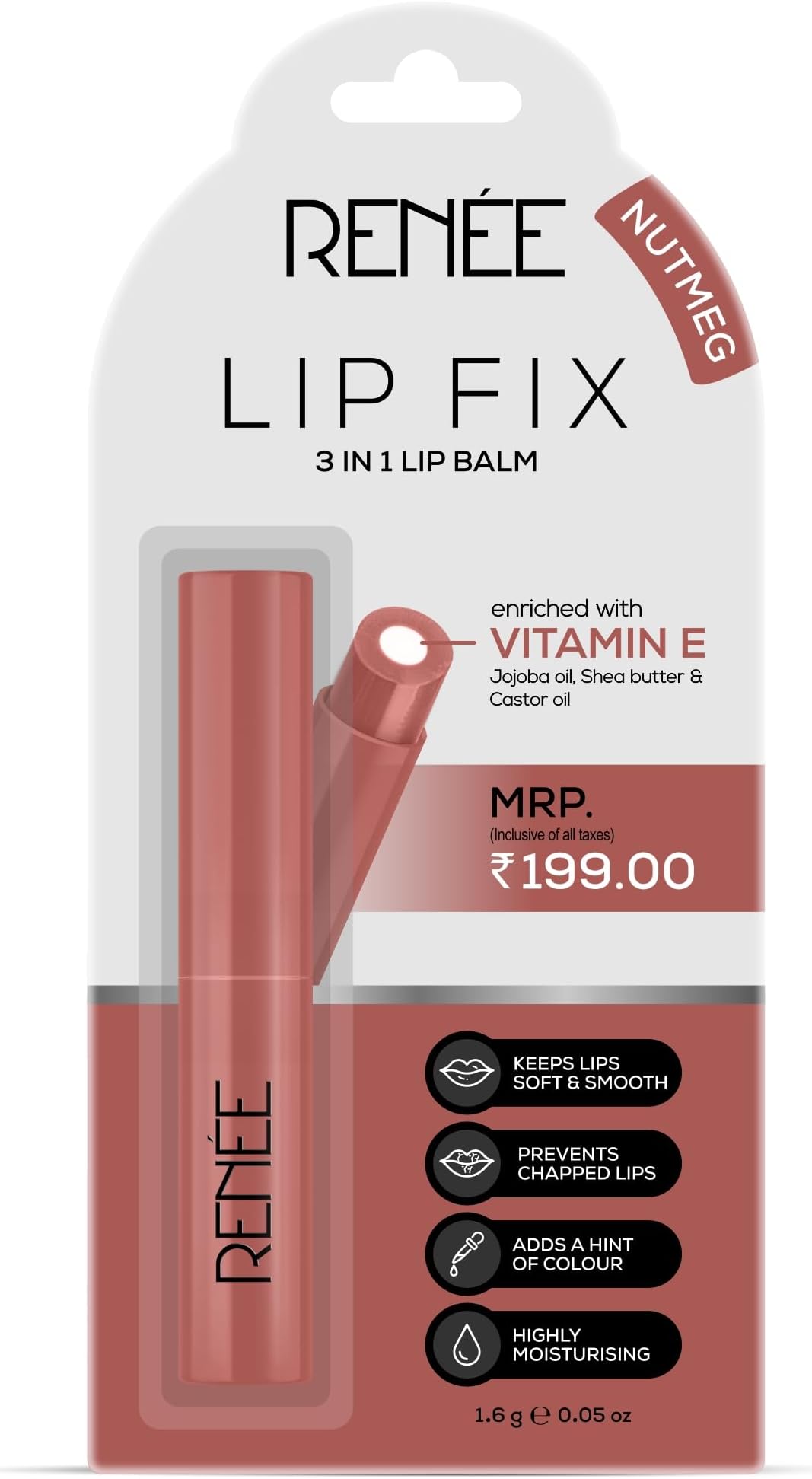 RENEE Lip Fix 3 in 1 Tinted Lip Balm 02 Nutmeg 1.6 Gm, Heals Lightens & Nourishes | Dual Core Care Enriched with Vitamin E, Shea Butter & Jojoba Oil for Dry & Chapped Dry Lips, Brown pack of 1