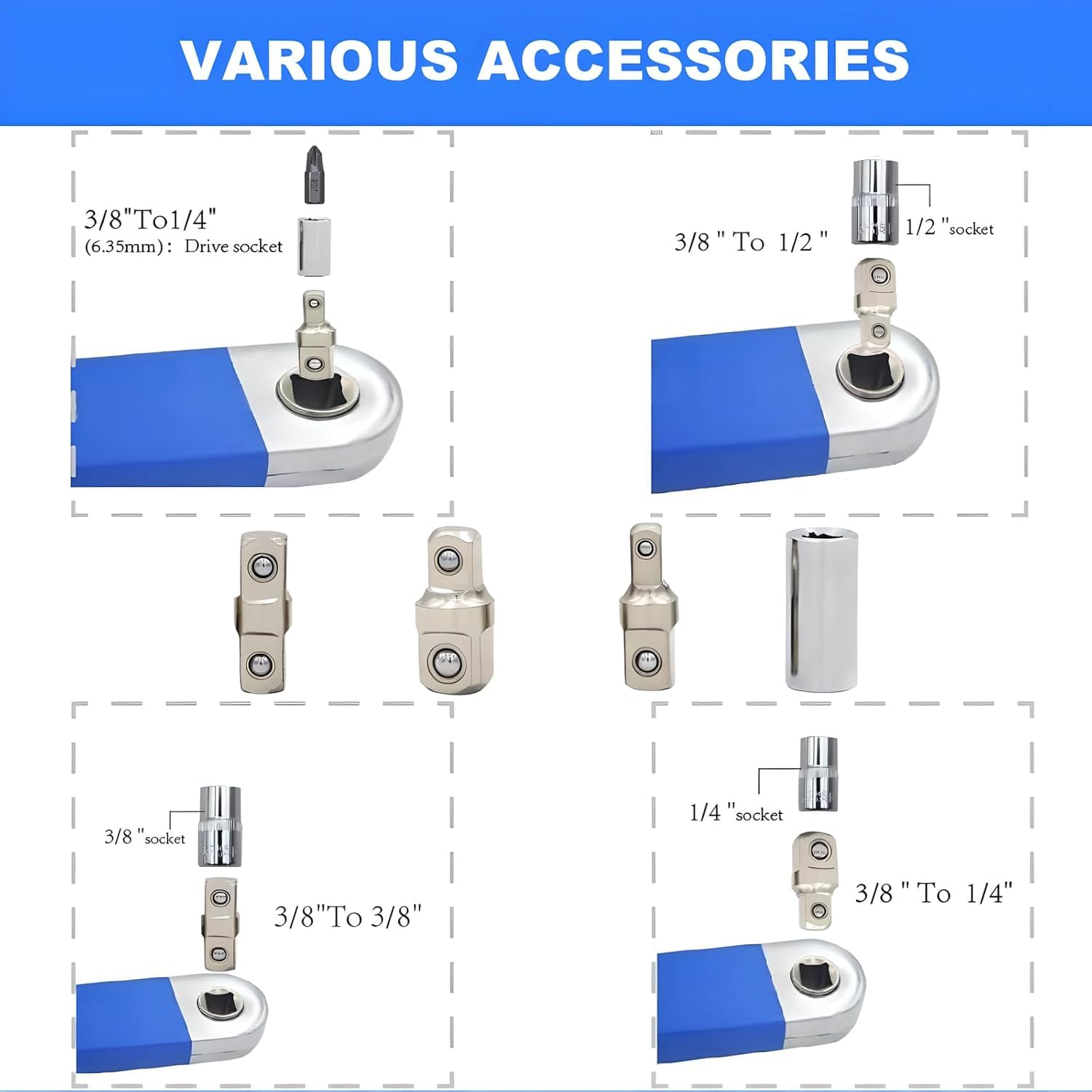 Chiave a Cricchetto con Prolunga Offset, 25/39cm Chiave a Cricchetto Offset, Set di Adattatori (1/2 pollici, 1/4 pollici, 3/8 pollici), ideale per spazi ristretti, riparazioni auto e progetti
