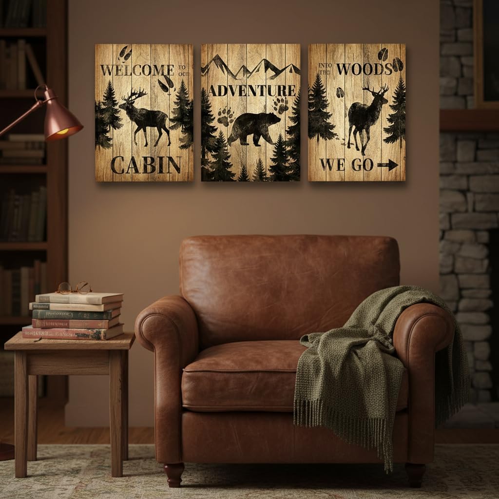 RnnJoile Rustic Cabin Decor Deer Bear Moose Wall Art Brown Woodland Forest Animal Pictures Painting for Farmhouse Living Room Bedroom Bathroom Framed 12x16 inches each