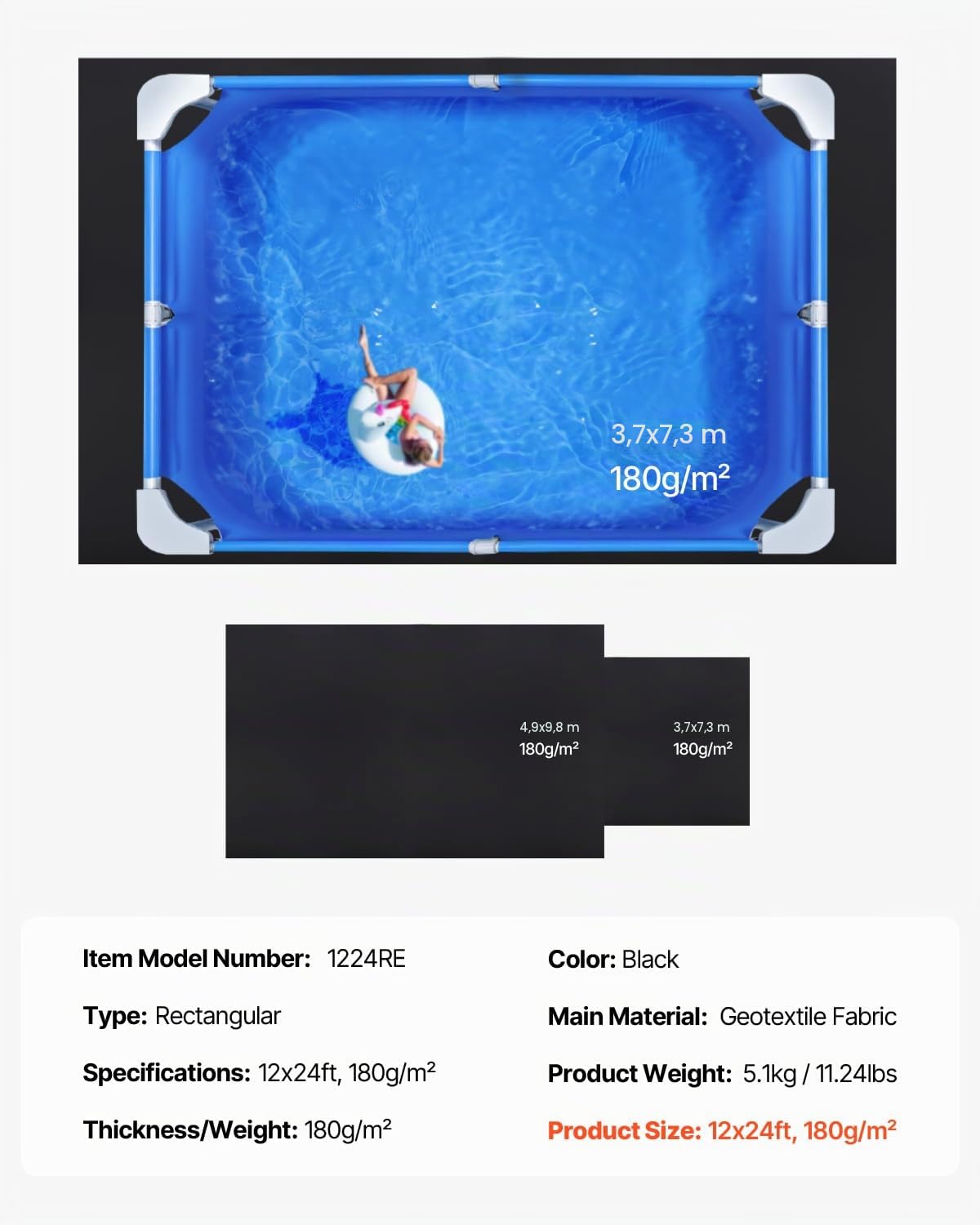 VEVOR Rechteckige Poolunterlage, 3,6 x 7,3 m, Bodenplane für oberirdische Schwimmbecken, extra Dicke Bodenschutzplane, Poolmatte aus Geotextilmaterial, verlängert die Lebensdauer der Folie