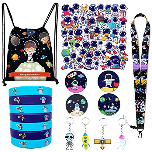 Outer Space Party Favors Supplies Space Toys, Spaceman Drawstring Bag Silicone Bracelet Sticker Spaceman Keychain Space Phone Lanyard Space Badge Children's Birthday Party