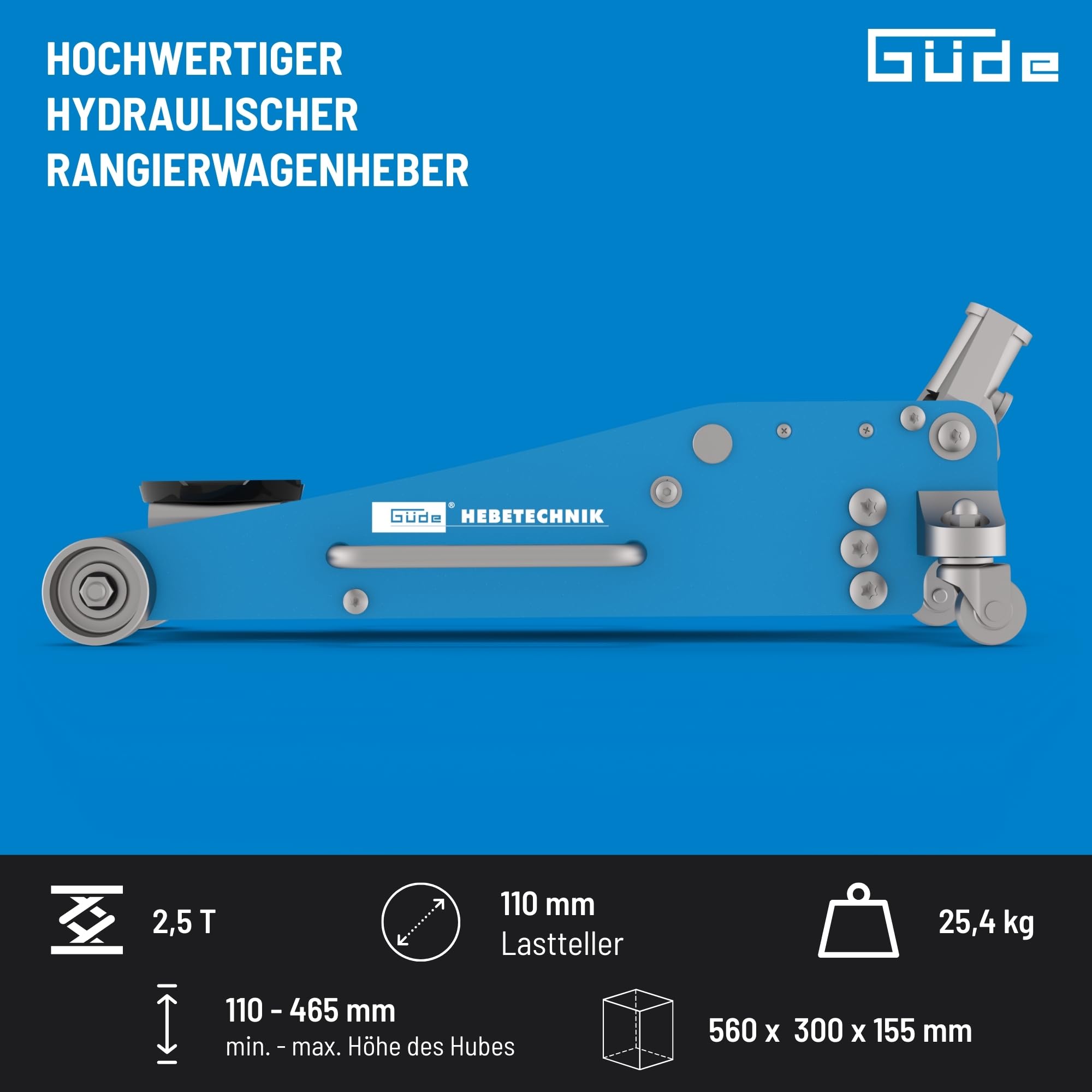 Güde GRH 2,5/460AL Rangierwagenheber 2,5 Tonnen Hubkraft 11 cm Lastteller-Durchmesser 46,5 cm Hubhöhe Doppelzylinder Stahl Aluminium