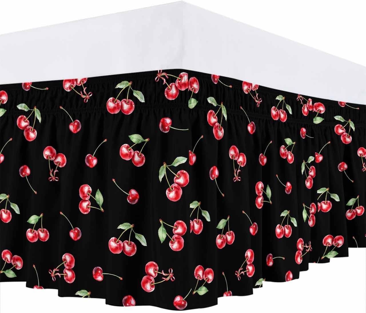 Bed Skirt Cherry Bedskirt 16 Inch Drop Summer Fruit Black Adjustable Elastic Wrap Around Bed Skirts Dust Ruffle for Queen Size Bed Frame Cover
