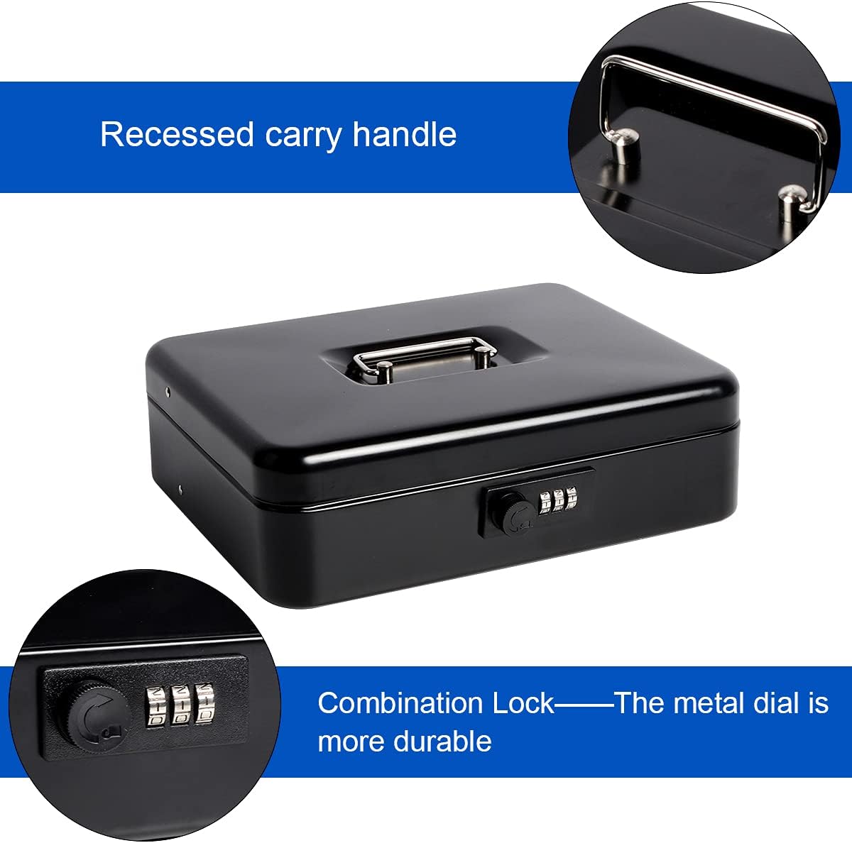 Large Cash Box with Combination Lock, Metal Money Box for Cash, Lovndi Lock Box with Money Tray, Lockbox 11.8 x 9.5 x 3.54 Inches, Black : Office Products