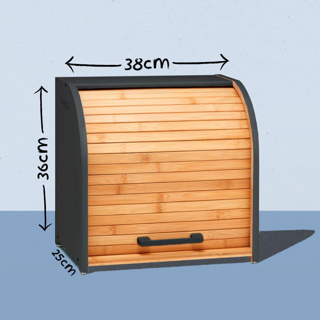 FULLY - Panera de bambú de doble capa para encimera de cocina, madera enrollable, almacenamiento extra grande, contenedor de madera moderno (negro)